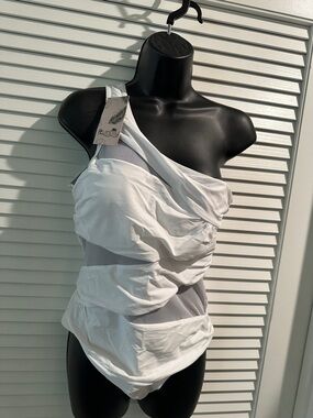 NWT Puntlly One Piece One Shoulder All White Swimsuit with Mesh and rouching.